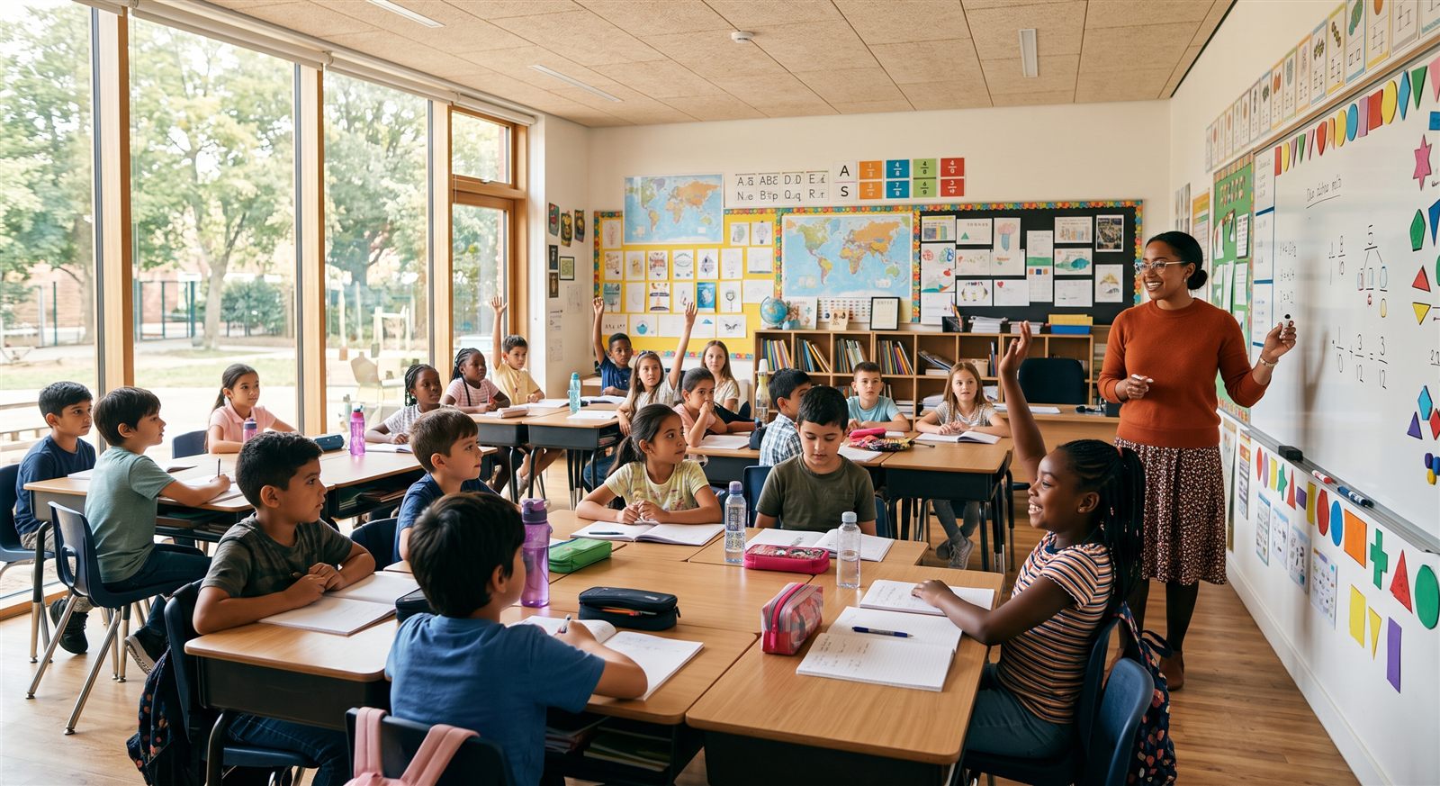 Children raising their hands in a bright immersion school classroom with their teacher