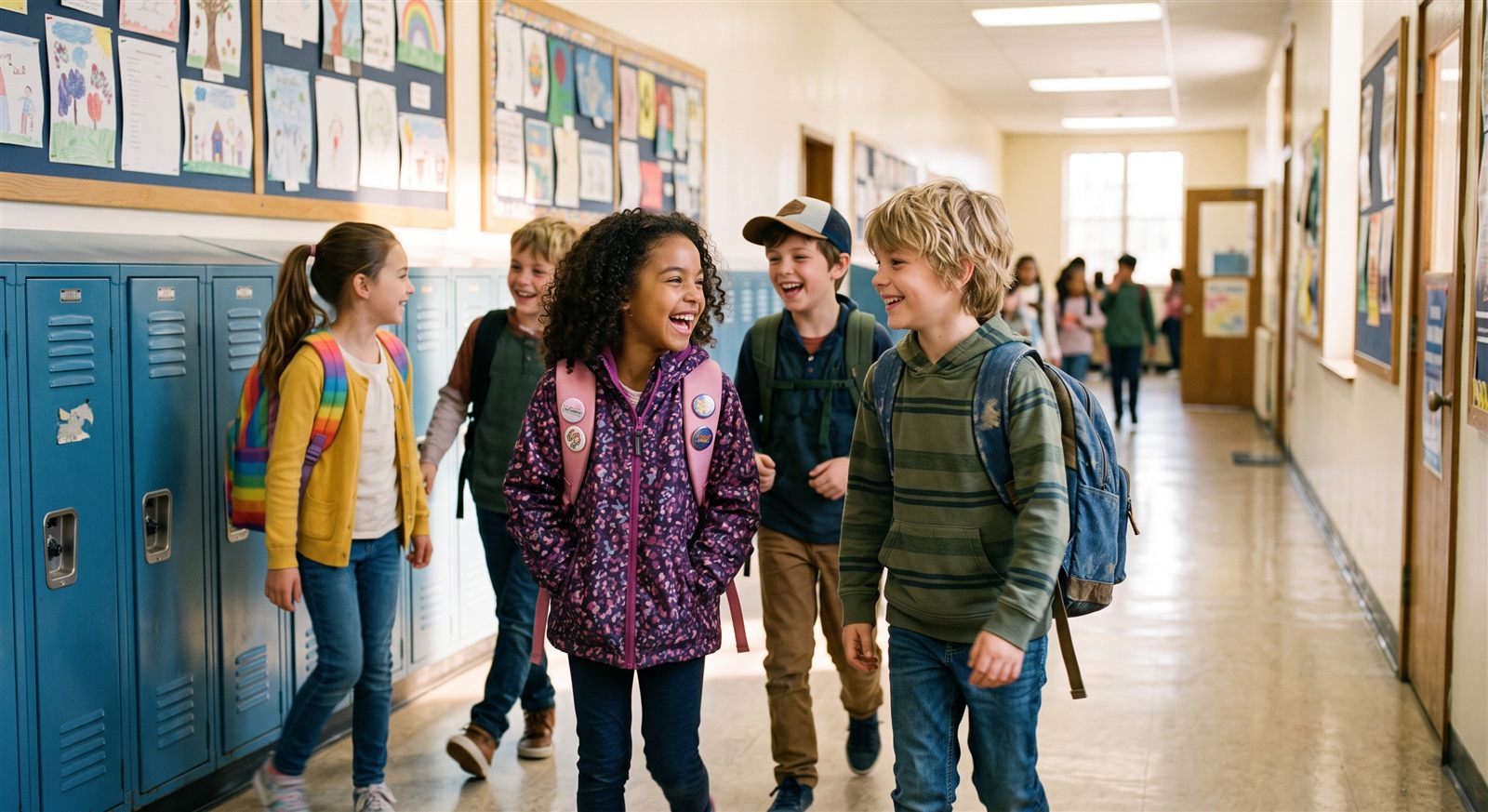 Primary school children walking and talking together along a school corridor with backpacks