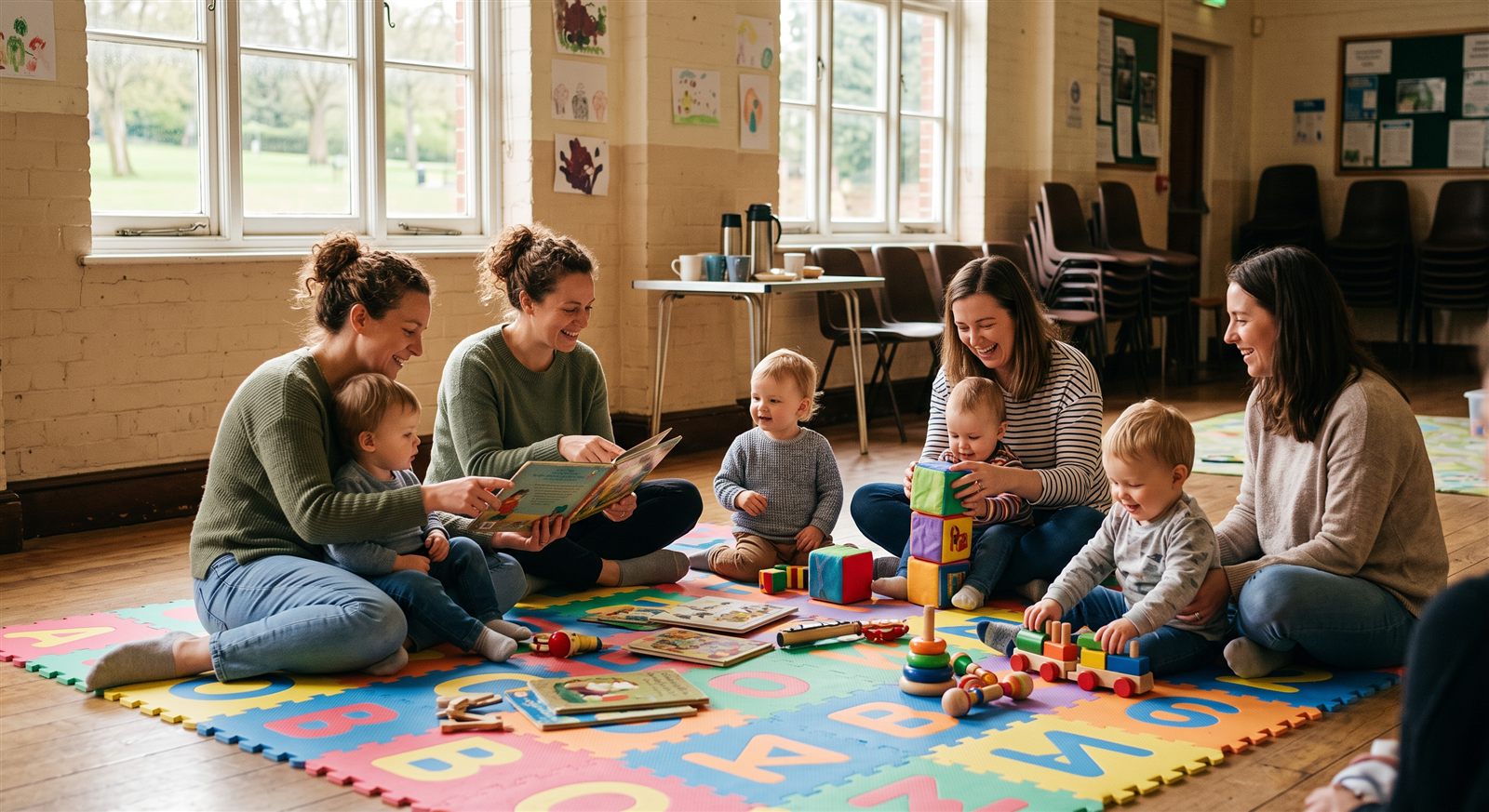 Parents and toddlers sitting together with picture books and toys at a community playgroup