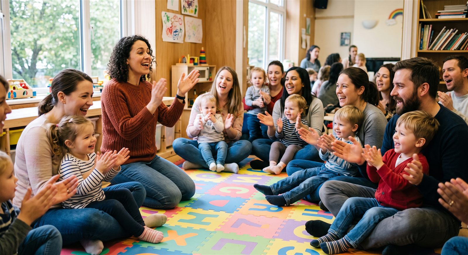 Parents and toddlers singing together with hand gestures at a community playgroup