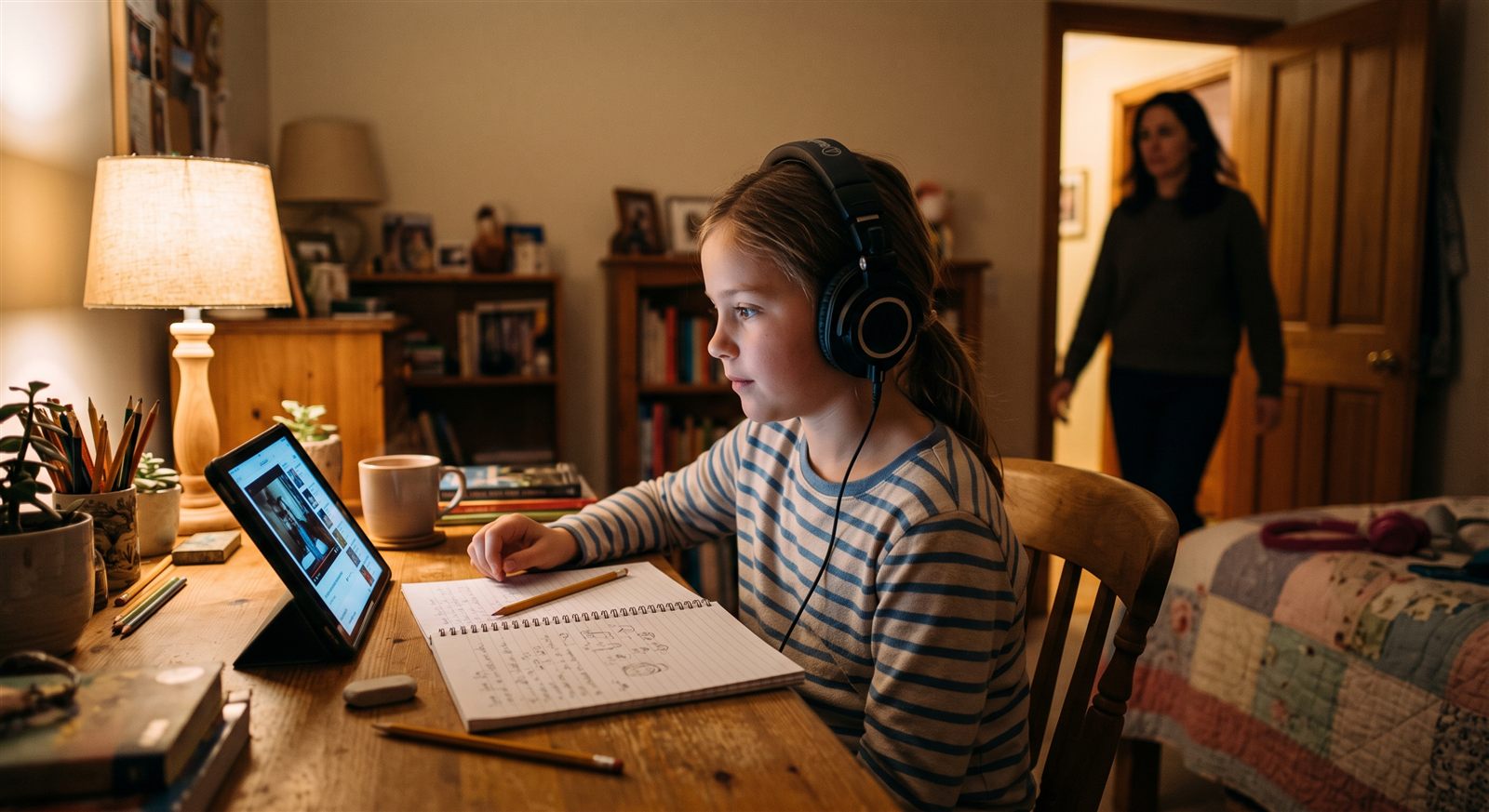 A child listening to an audio Japanese lesson with headphones at a desk in the evening