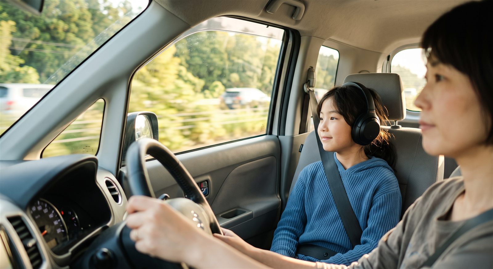 A child listening to a Japanese audio lesson with headphones in the back seat of a car