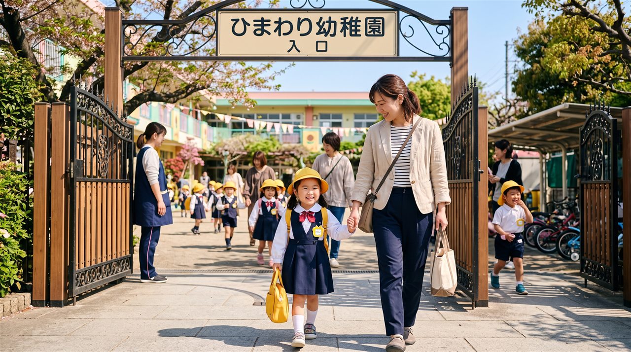 A young girl in a yellow school hat walking into a Japanese kindergarten with her mother on a sunny morning