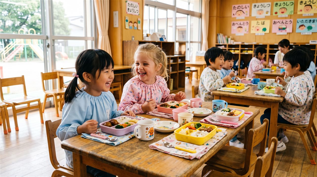 Preschool children laughing together over lunch at low wooden tables in a bright Japanese classroom
