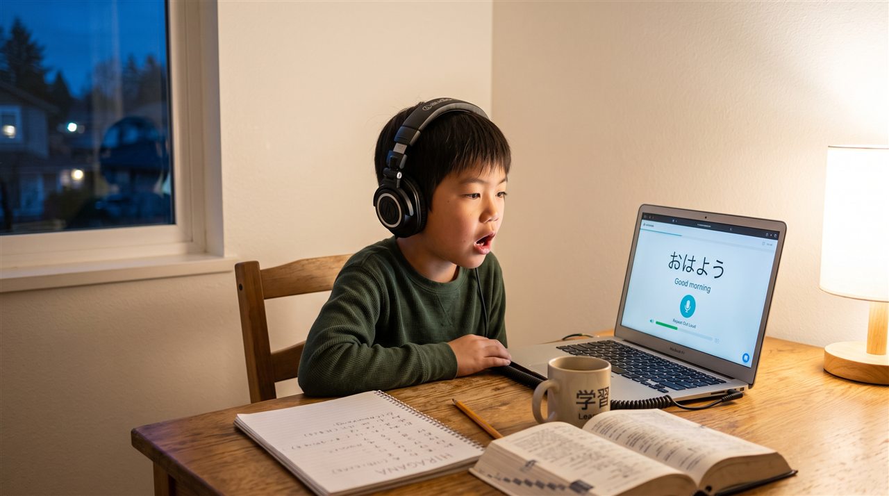 A boy wearing headphones repeating a Japanese word while working through a lesson on a laptop at home
