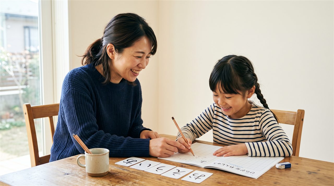 A mother and daughter practising handwritten hiragana cards together at the kitchen table