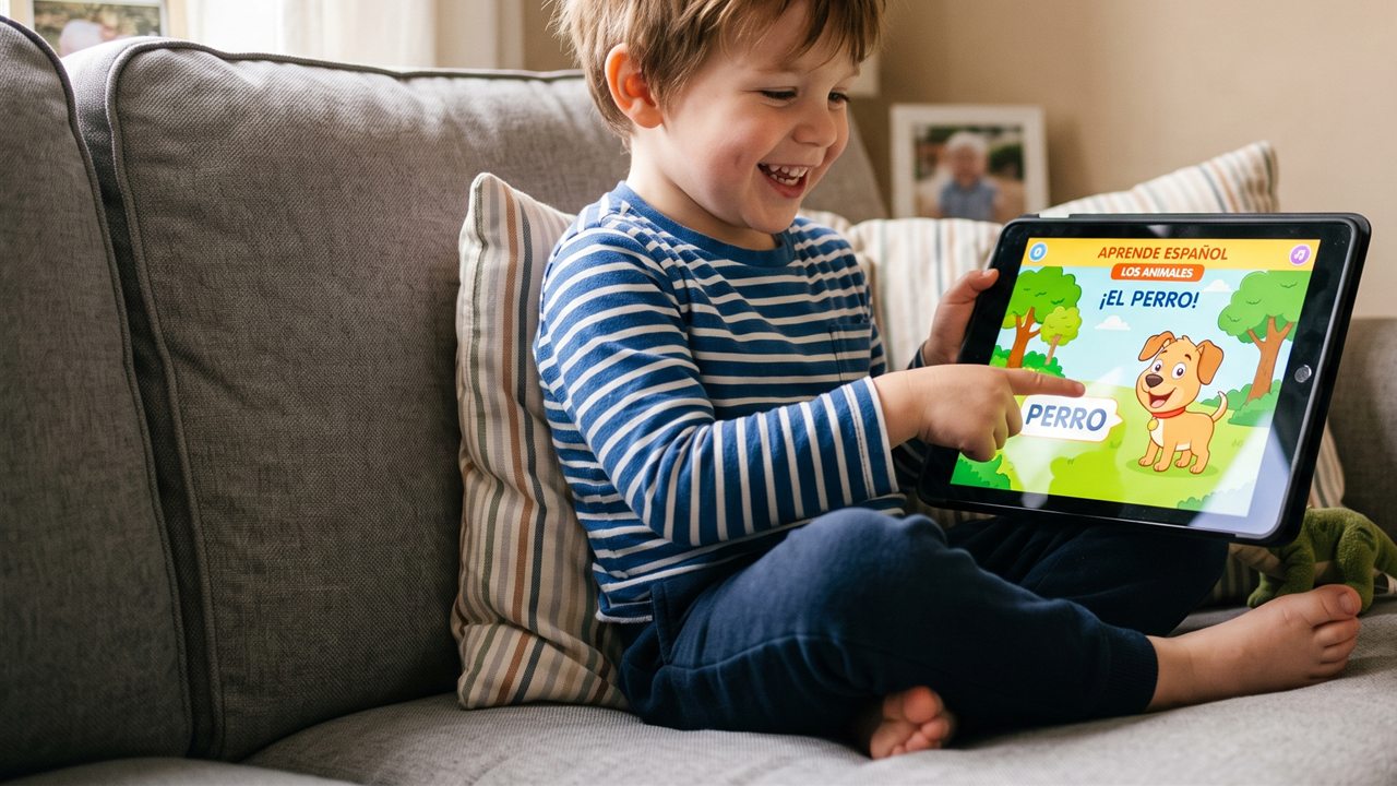 A young boy on a sofa pointing and smiling at a cartoon language lesson on a tablet