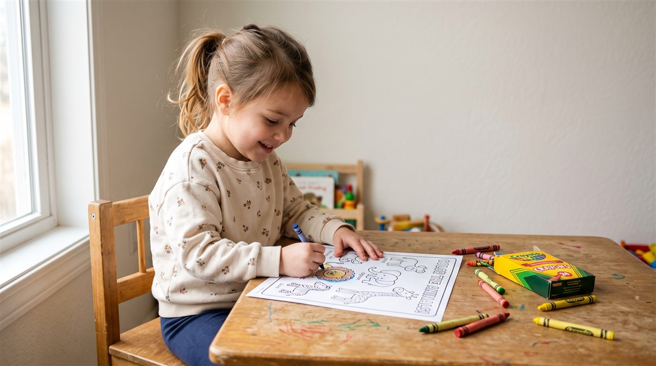 A young girl colouring a printed animal worksheet with crayons at a small table at home