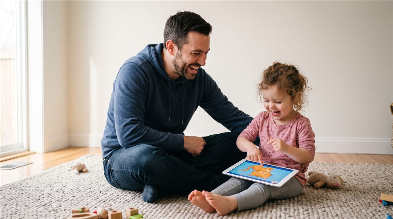 A father and his toddler daughter laughing on a living room rug while she taps a picture on a tablet