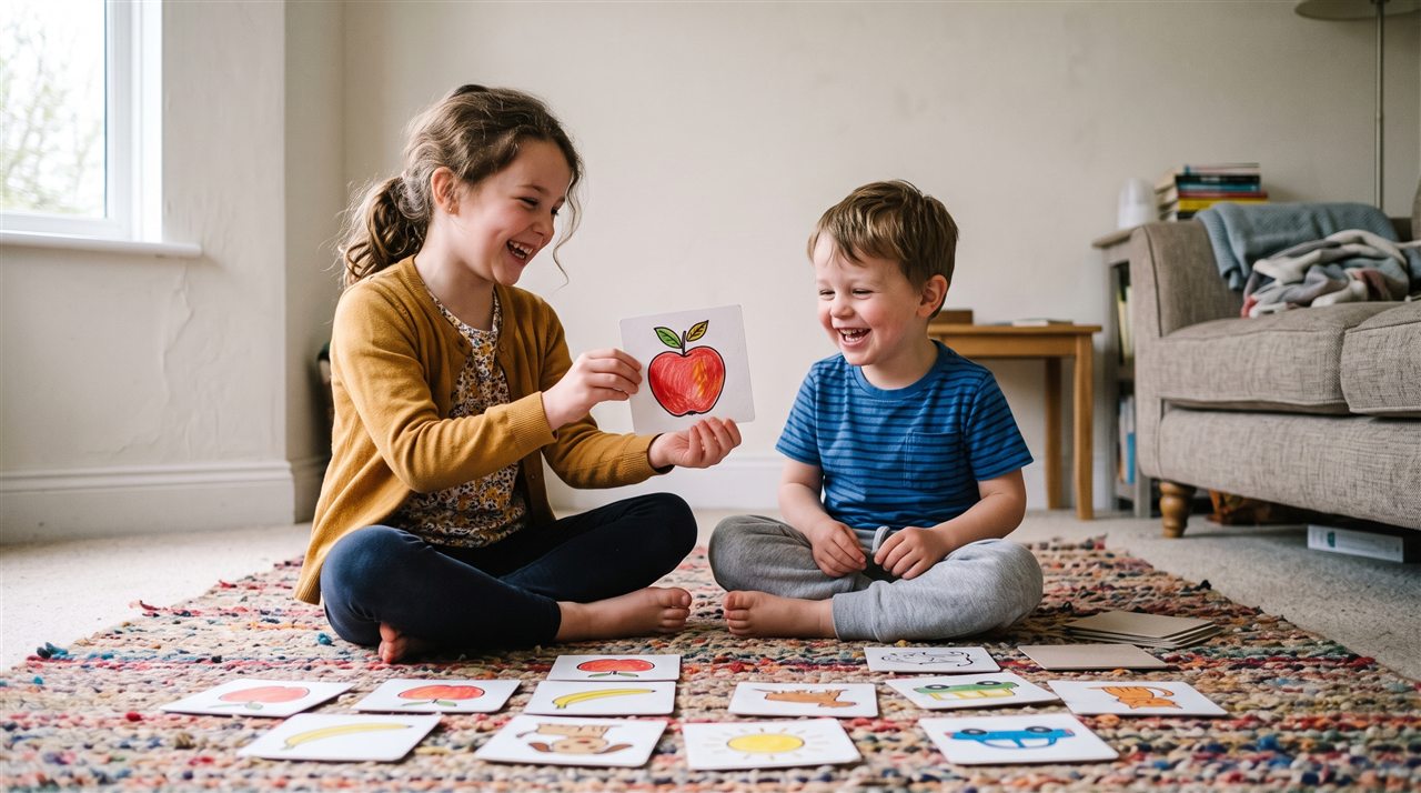 Two young siblings playing a picture matching card game on the living room floor