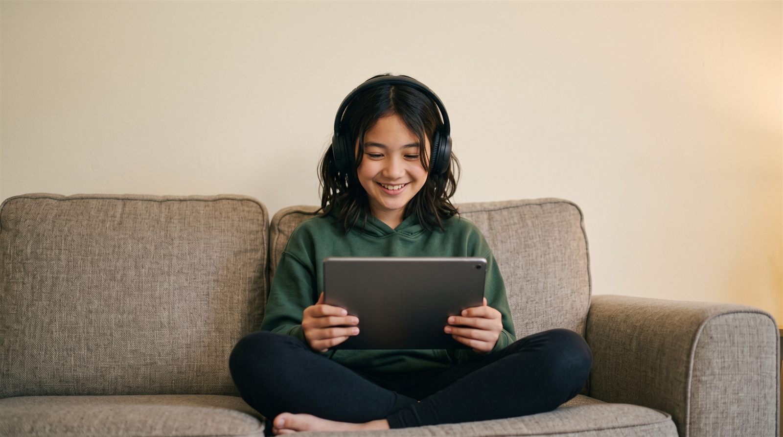 A girl in headphones sitting cross-legged on a sofa, smiling at a tablet held in her lap