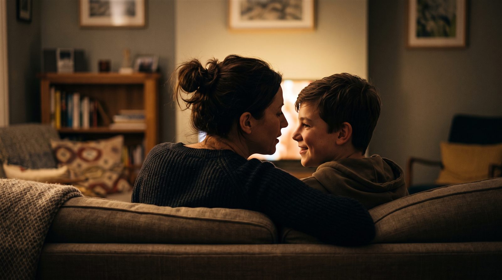A mother and her teenage son sitting close on a sofa in the evening, talking while the television glows