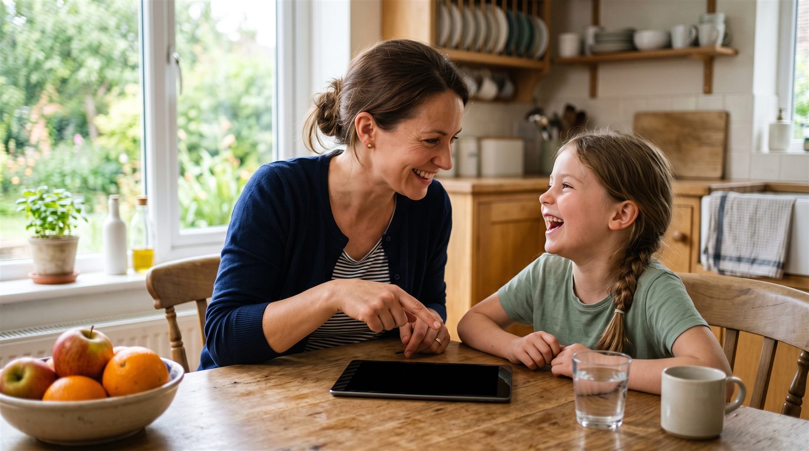A mother and her young daughter laughing together at a sunny kitchen table with a tablet lying between them