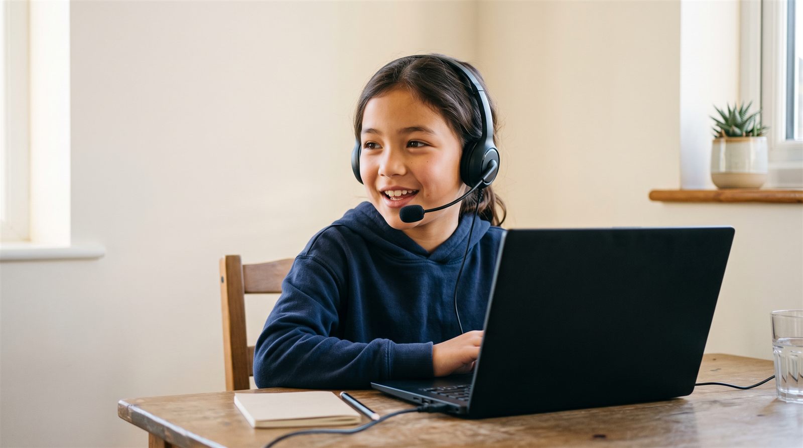 A girl wearing a headset with a microphone, smiling and speaking during an online lesson at her desk