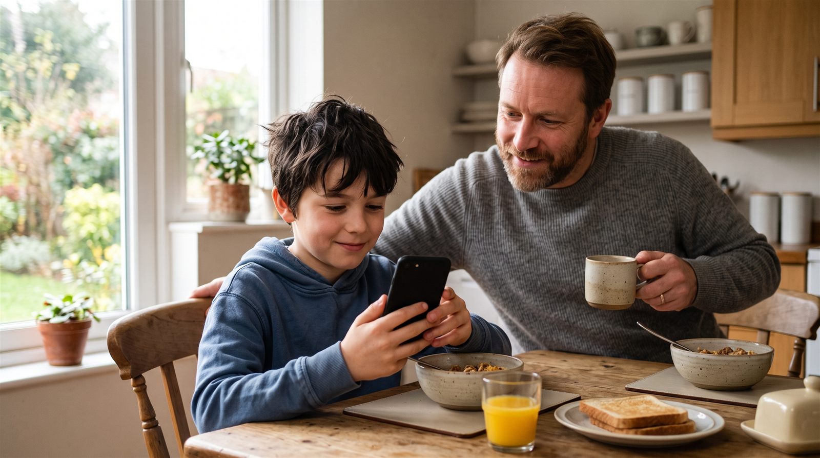 A boy at a breakfast table holding a phone with both hands while his father looks over with a mug of coffee