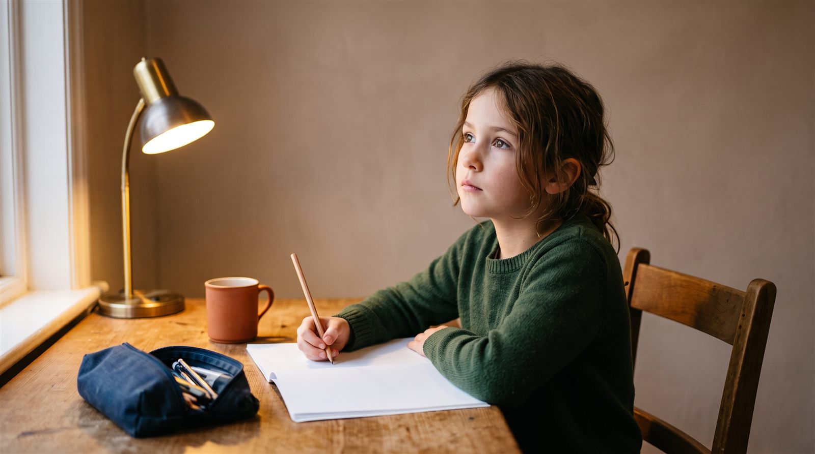 A girl writing with a pencil in an open squared practice notebook at a desk under a warm lamp