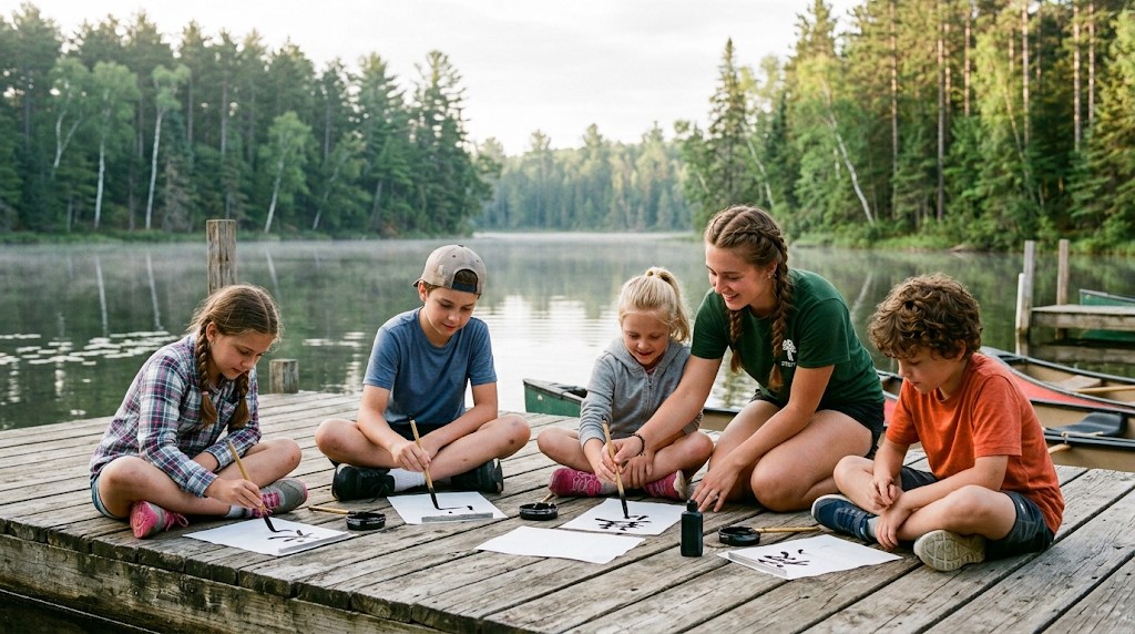 Children at a lakeside summer camp in a pine forest practising Japanese brush calligraphy on a wooden dock with a young counsellor
