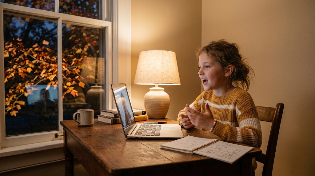 A girl at home in autumn smiling and talking on a laptop video call at her desk by a window