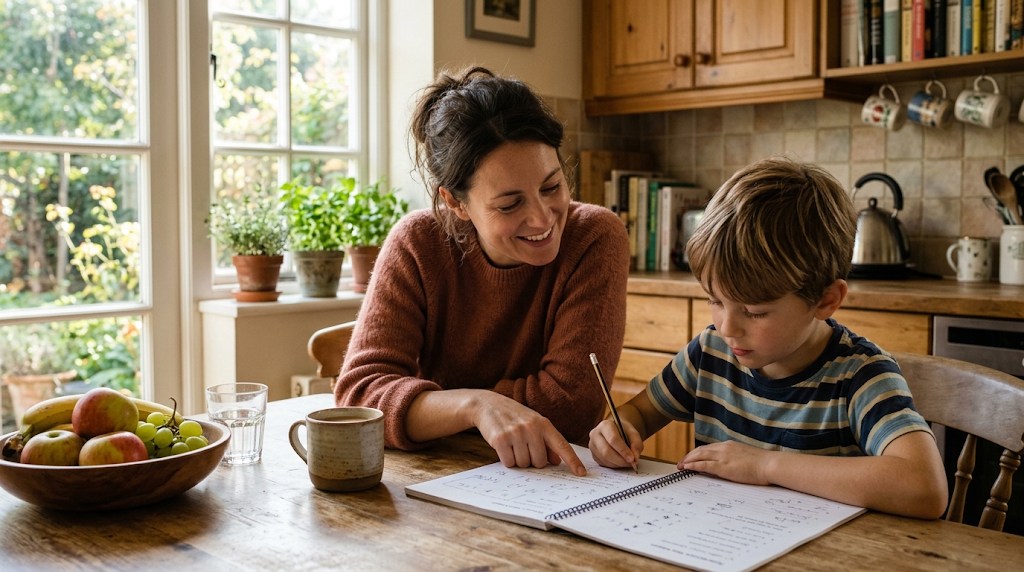 A mother and her son working through a workbook together at a sunny kitchen table during a homeschool morning