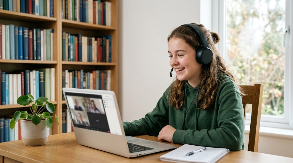 A teenage girl wearing headphones smiling during a live online lesson at a desk in a home study room