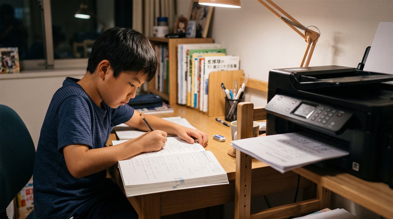 海外の自宅の学習机で、小学5年生くらいの日本人の男の子が日本から届いた分厚い問題集を鉛筆で解いている様子