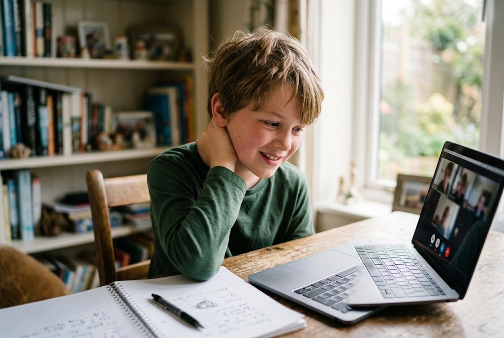 A shy boy smiling nervously while practising speaking on a laptop video call