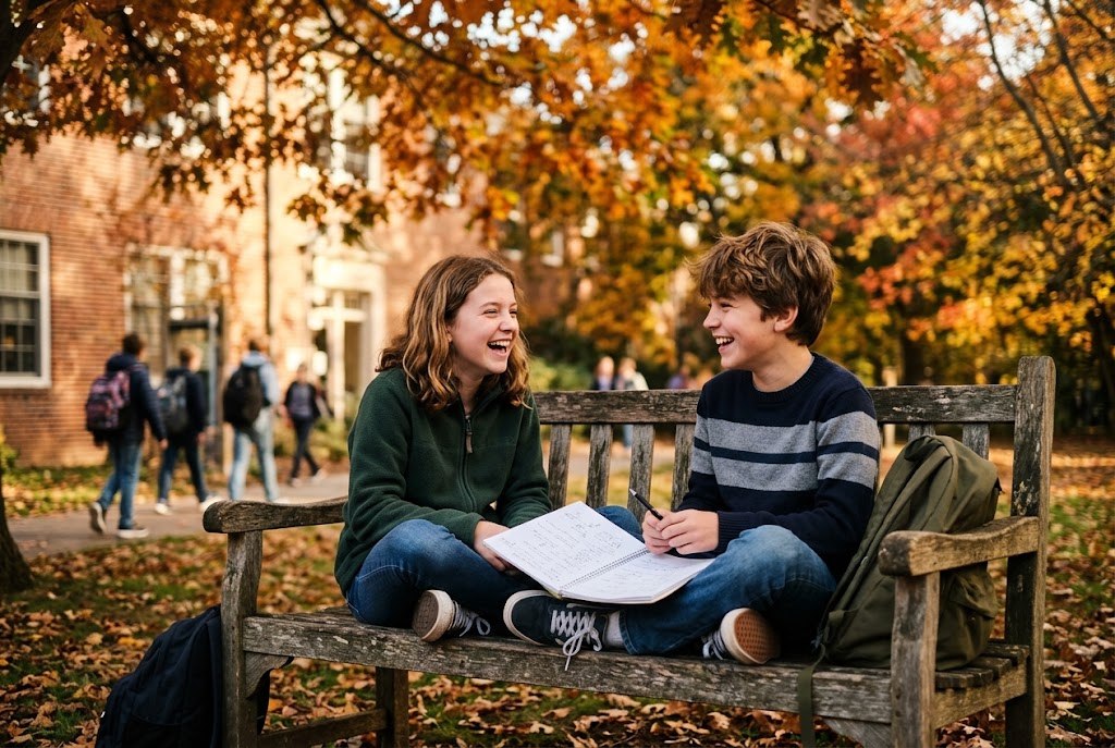 Two friends laughing on a bench after school with a notebook between them