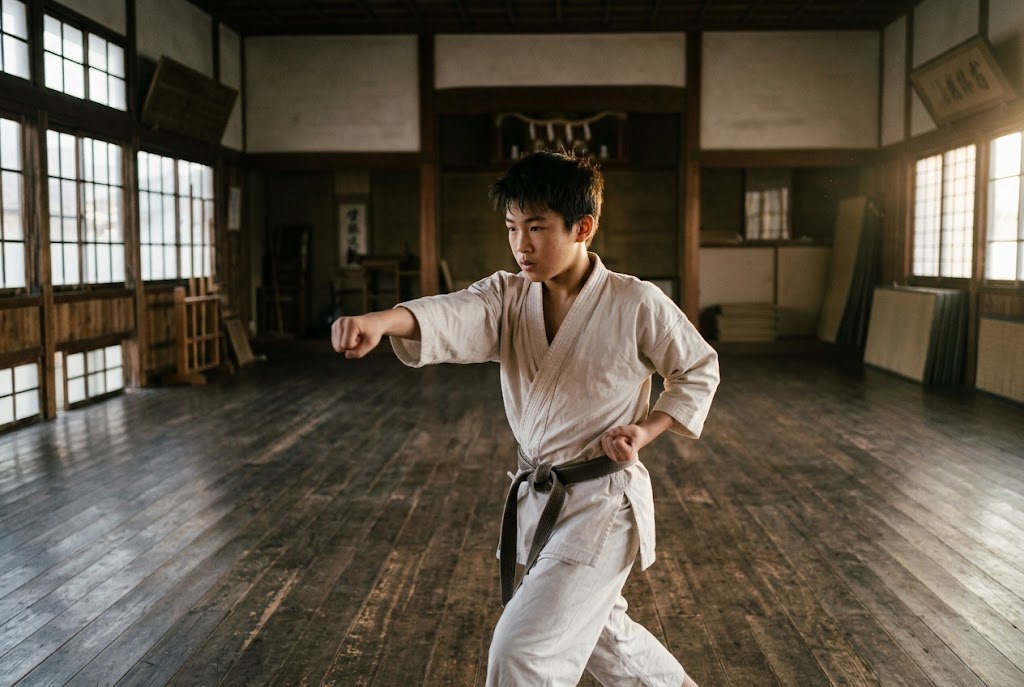 A teenage boy in a white karate gi practicing a punch in a wooden dojo at dawn