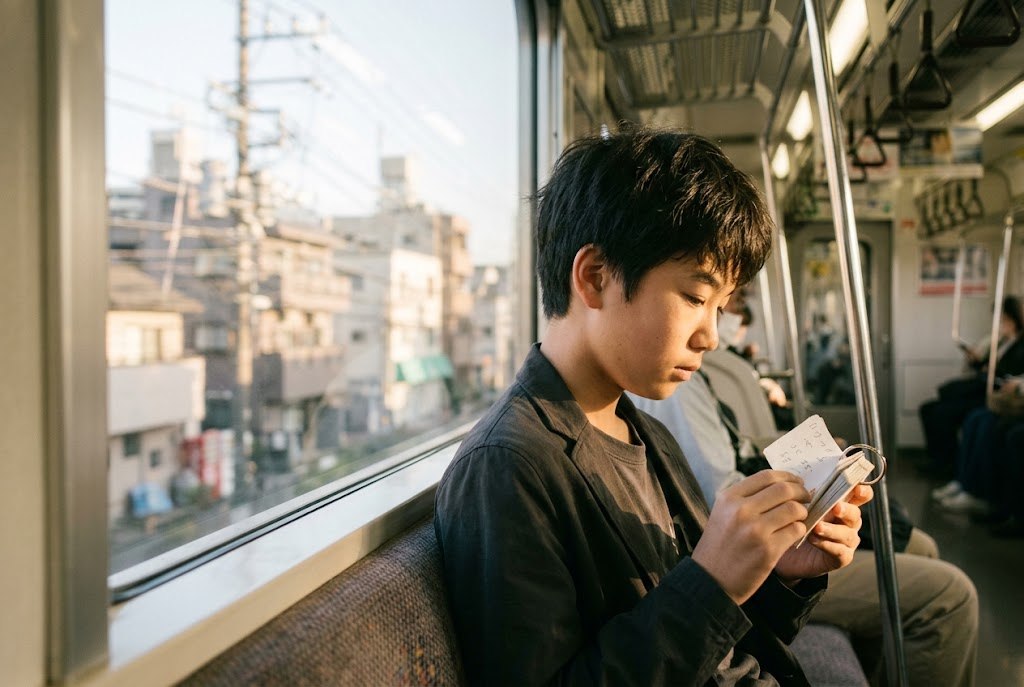 A boy studying Japanese kanji flashcards by the window of a commuter train