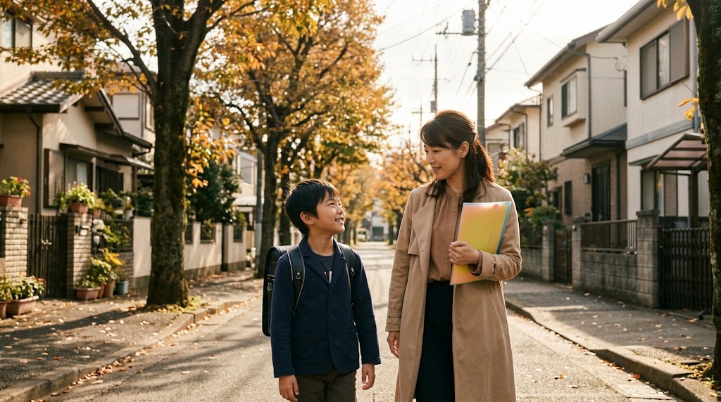 秋の東京の並木道を、学校案内のファイルを持った母親と、リュックを背負った小学生の息子が笑顔で歩いている様子