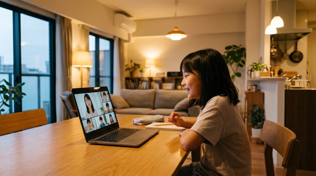 夕方のリビングで、小学生の女の子がノートパソコンのオンライン日本語クラスで日本の先生や同世代の子どもたちと笑って話している様子