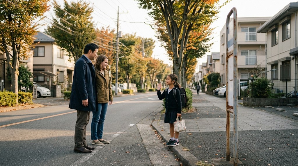 秋の朝、東京郊外の住宅街のバス停で、日本人の父親とアメリカ人の母親が、ランチバッグを持って手を振る小学生の娘を見送っている様子