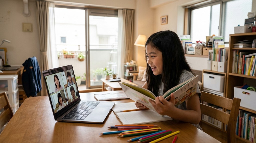 明るいリビングのテーブルで、小学生の女の子がノートパソコンのオンライン日本語クラスで日本語の絵本を音読し、日本人の先生や同世代の子どもたちと笑顔でやり取りしている様子