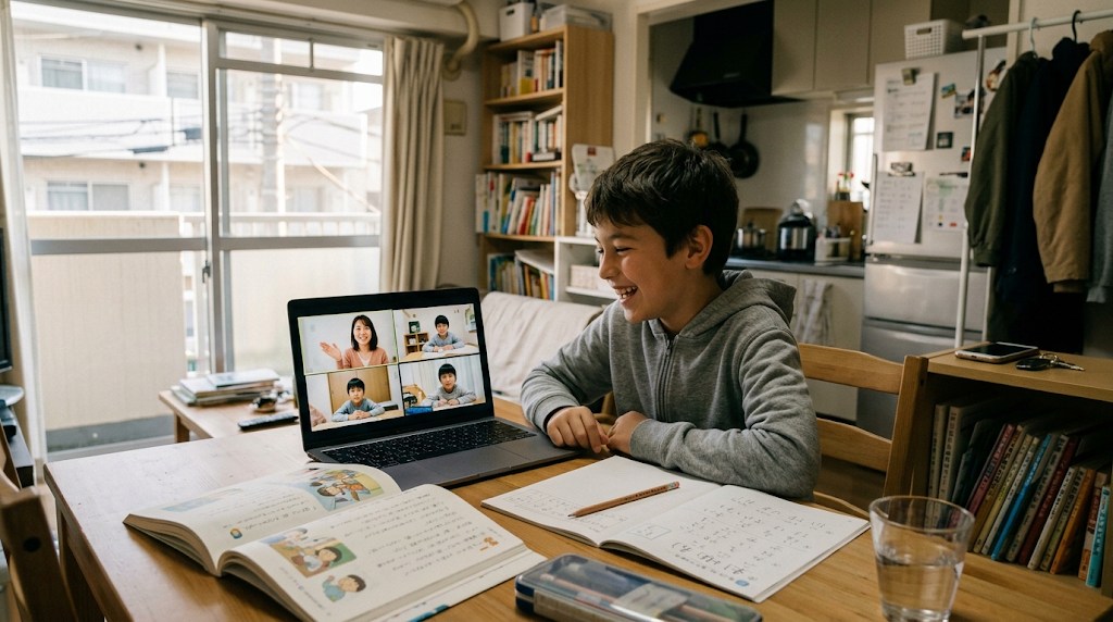ダイニングテーブルで、小学生の男の子がノートパソコンのオンライン授業で日本人の先生や同世代の子どもたちと笑いながら話し、手元に日本語の読み物とノートがある放課後の様子