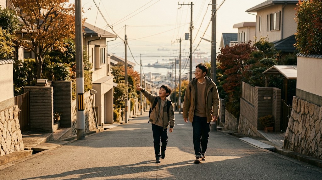 秋の夕方、神戸の坂道の住宅街を、リュックを背負った小学生の男の子が前を指さしながら父親と笑顔で歩いている様子