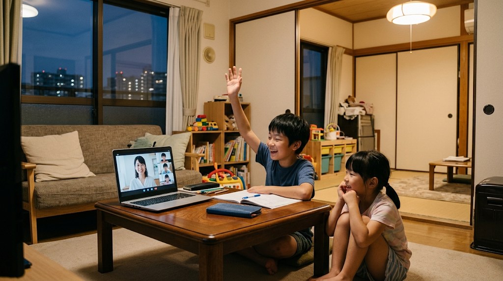 夕方のリビングで、小学生の男の子がノートパソコンのオンライン日本語クラスで手を挙げて笑い、隣で妹が画面を見ている様子