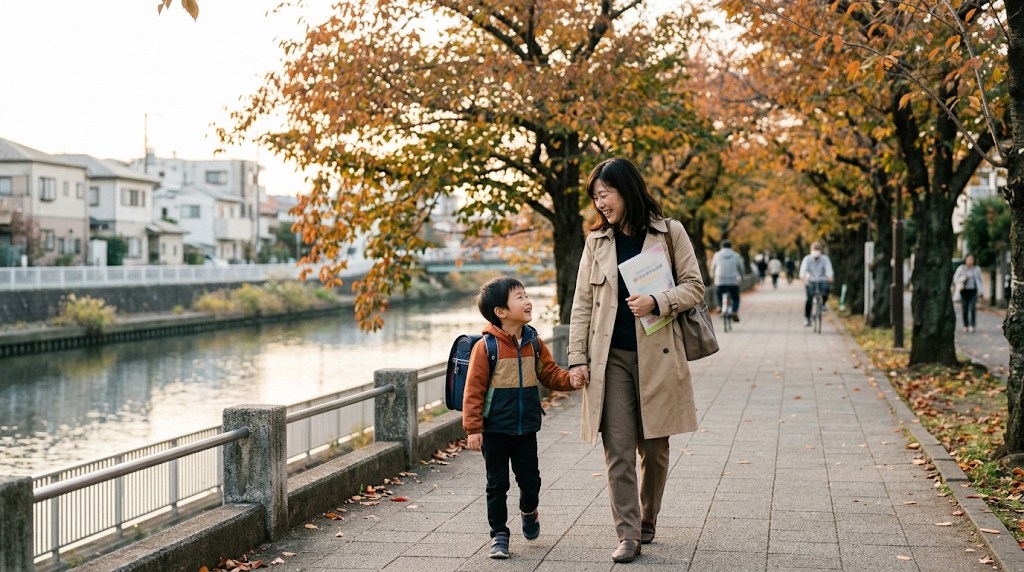 秋の東京の川沿いの並木道を、学校案内を持った母親と、リュックを背負った小学生の息子が手をつないで笑顔で歩いている様子