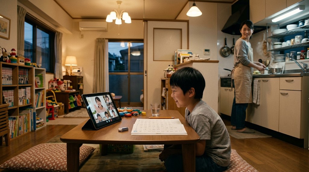 夕方のリビングの座卓で、小学生の男の子がタブレットのオンライン日本語クラスで日本人の先生や同世代の子どもたちと笑って話し、奥の台所で母親がほほえんでいる様子