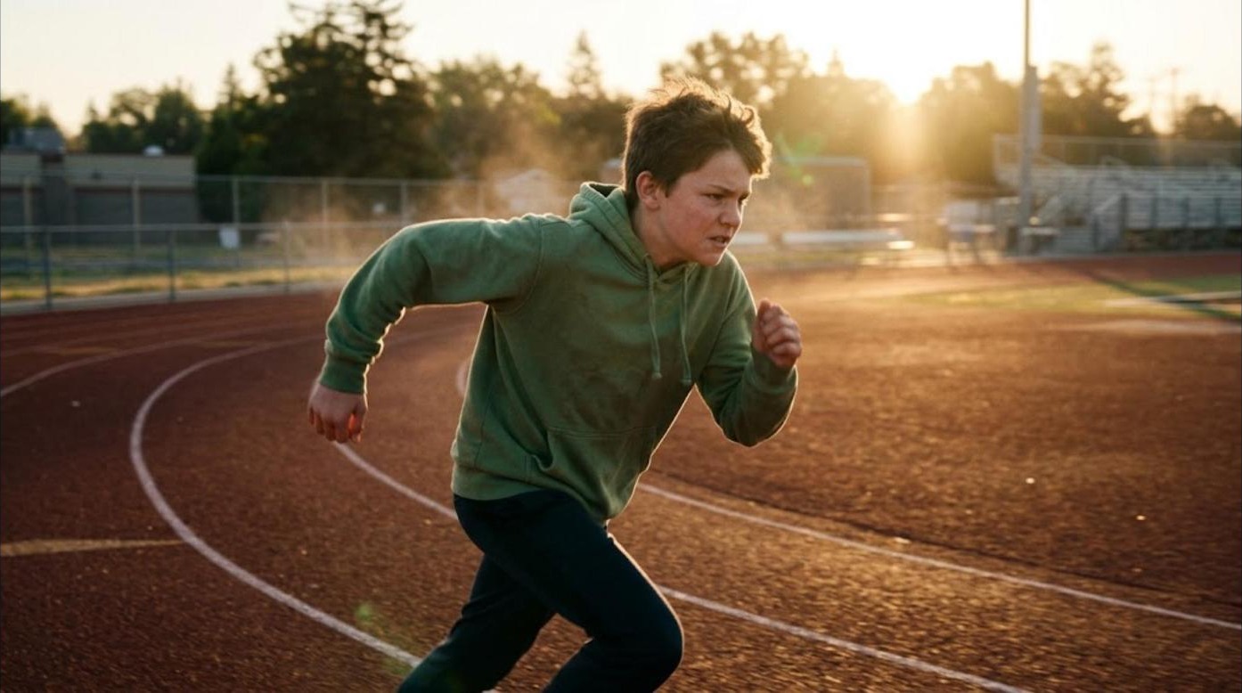 A boy in a green hoodie running on a school track at sunrise, determined face