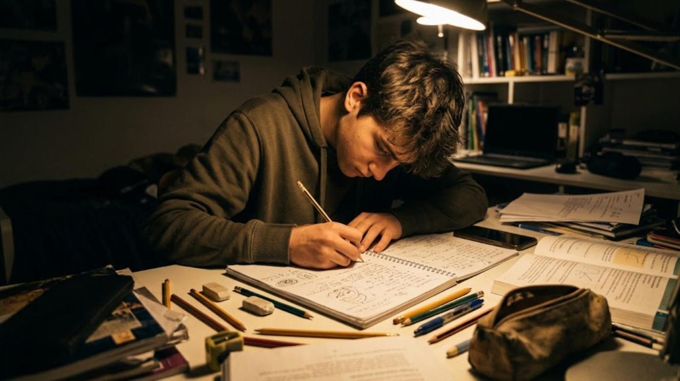 A boy filling a notebook with handwritten Japanese notes and small sketches