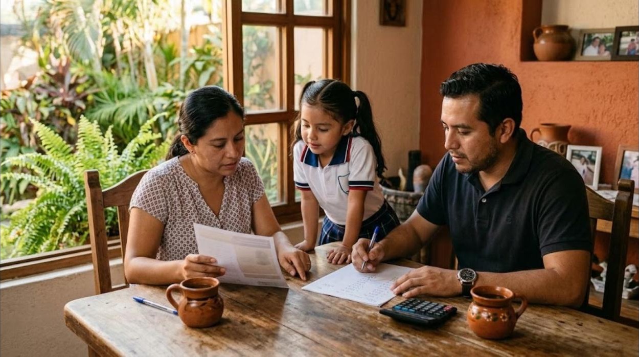 Madre y padre mexicanos de Tuxtla Gutiérrez revisando un folleto escolar con una calculadora y tazas de barro en la mesa de su casa, mientras su hija de seis años con uniforme mira los papeles