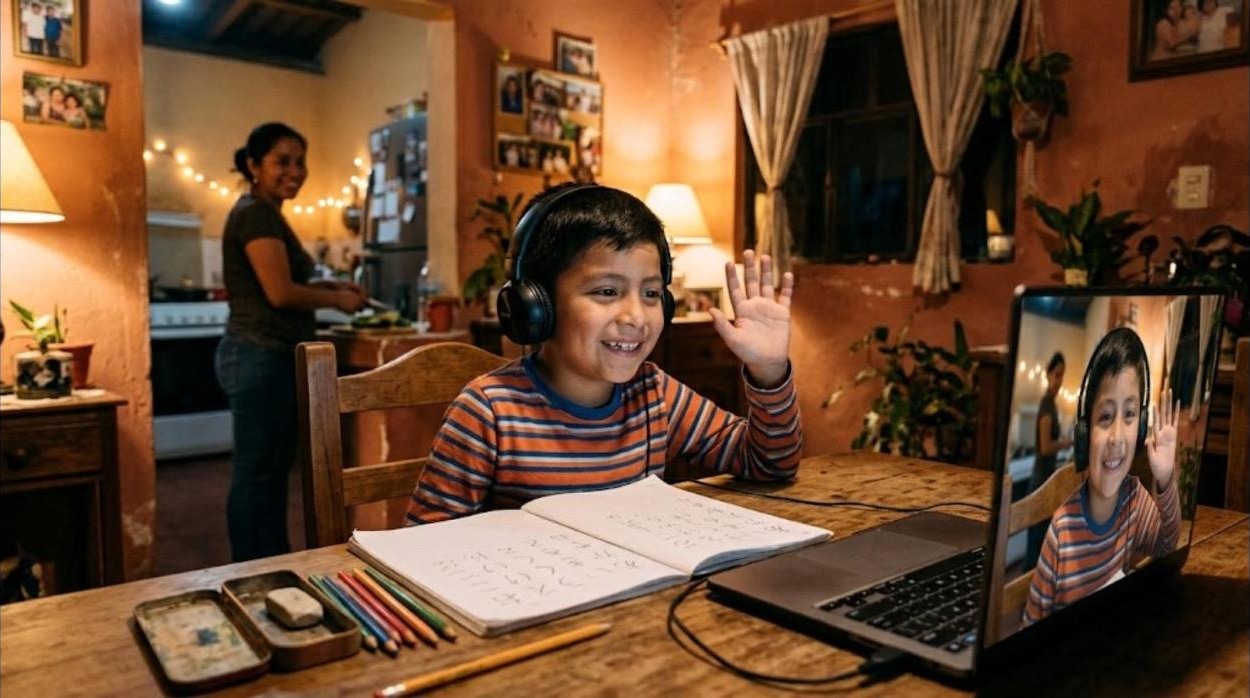 Niño mexicano de ocho años con audífonos saludando a la cámara de su laptop durante una clase en vivo por la noche, con un cuaderno de hiragana sobre la mesa y su madre en la cocina al fondo