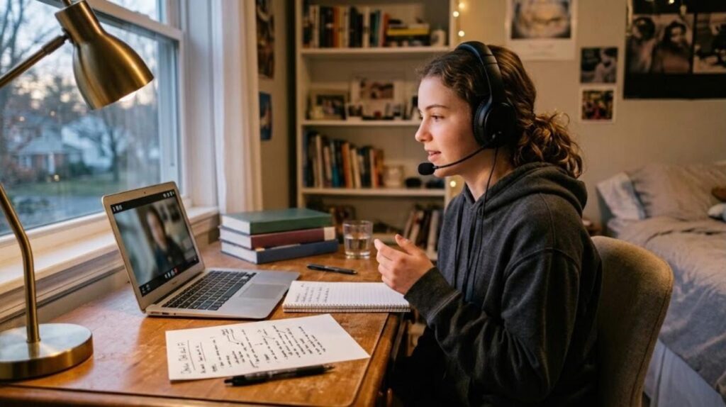 High school student recording a spoken Japanese answer on a laptop while preparing for the AP Japanese exam