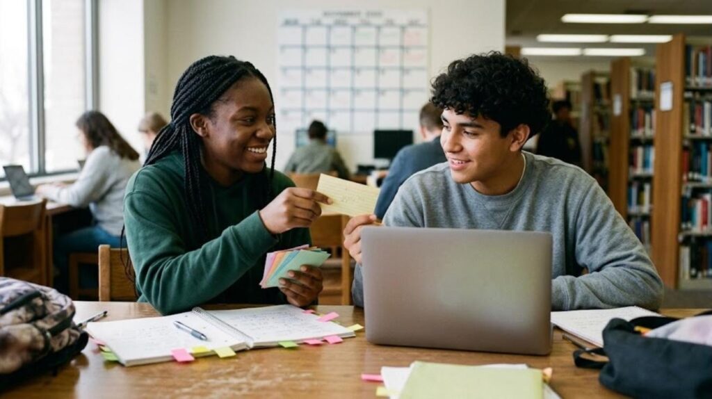 Two teens quizzing each other with kanji flashcards as part of an AP Japanese study plan