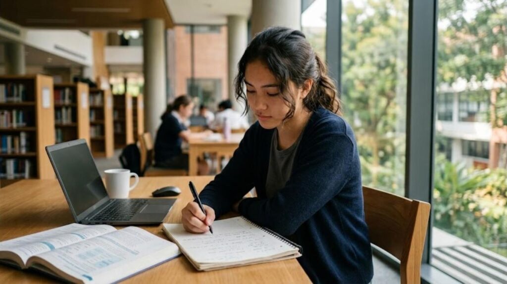 International school student writing Japanese in a notebook while studying for IB Japanese B