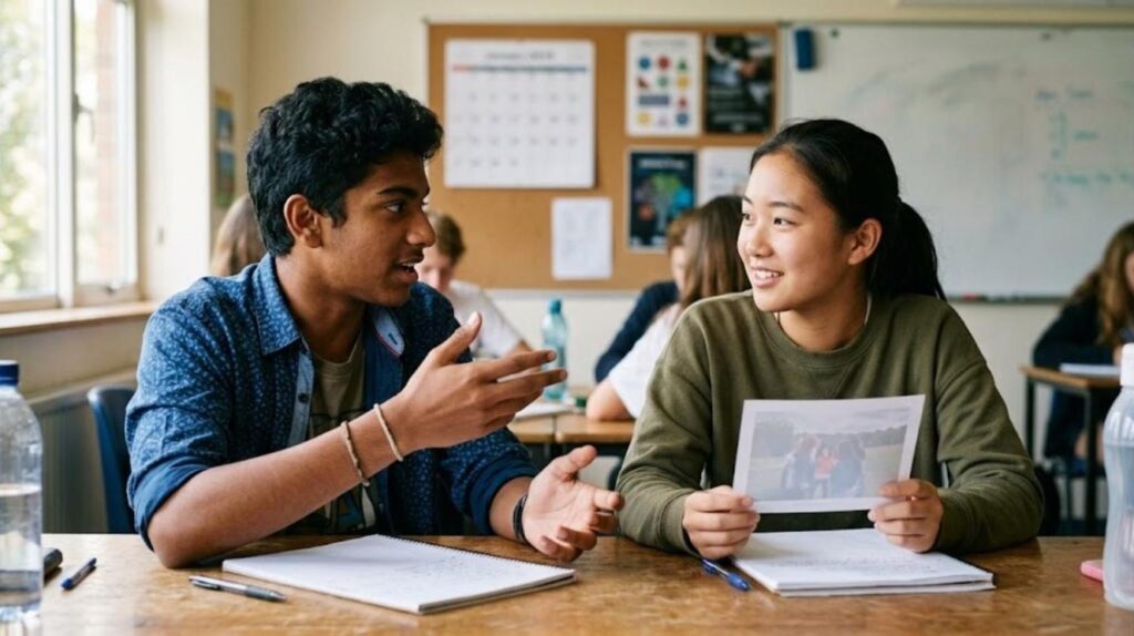Two IB students practicing a Japanese conversation with a photo prompt for the individual oral
