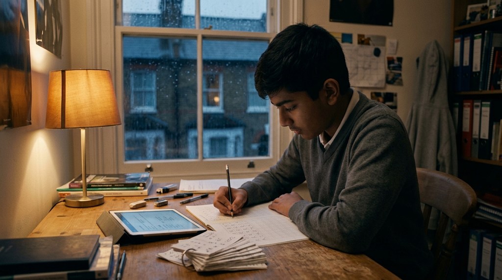 UK teenager handwriting Japanese kanji on squared paper while revising the GCSE Japanese kanji list