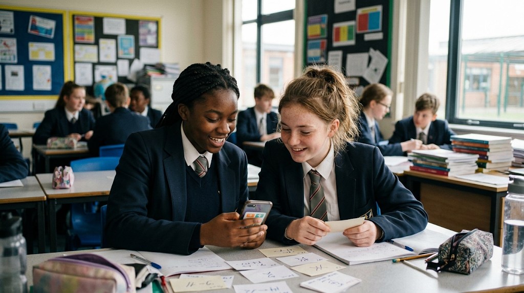 Two teens quizzing each other with flashcards to learn GCSE Japanese kanji