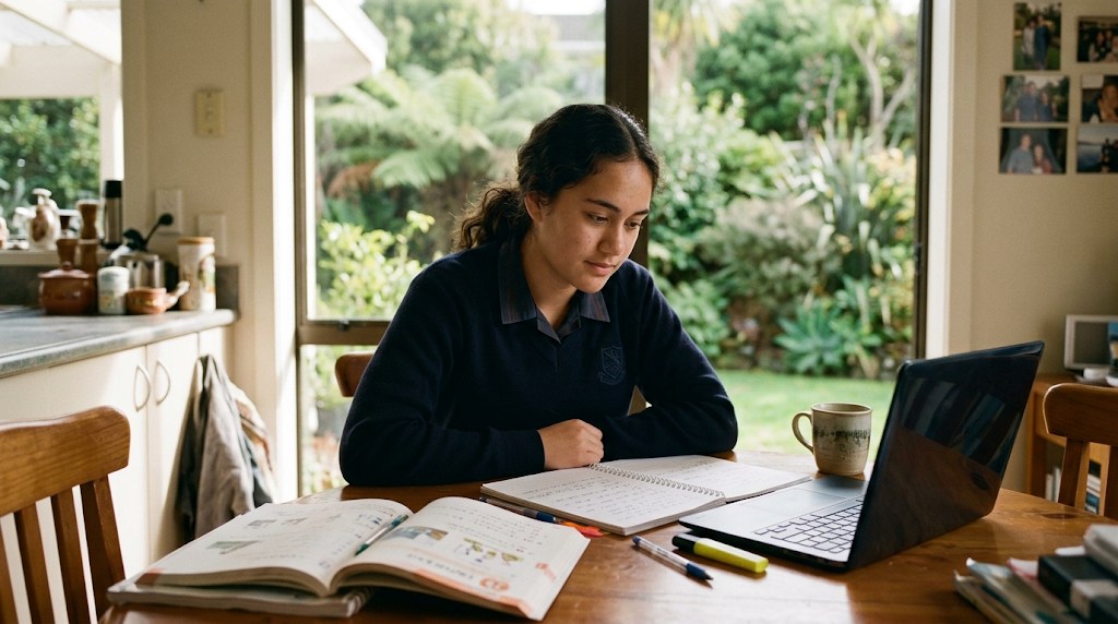 New Zealand secondary student listening to a Japanese audio passage on a laptop while preparing for NCEA Japanese