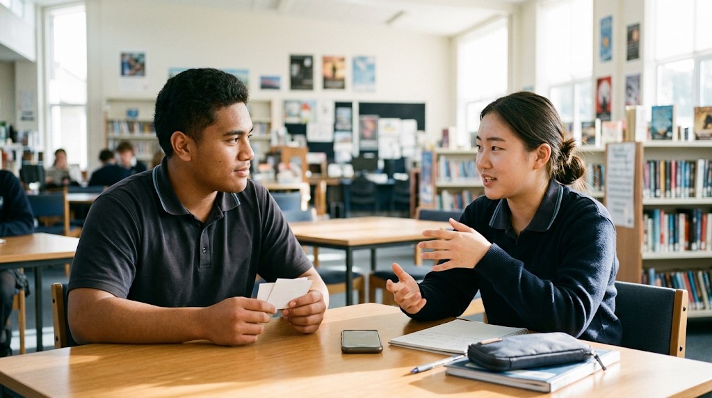 Two New Zealand teens practising an unscripted Japanese conversation for the NCEA Japanese interaction standard
